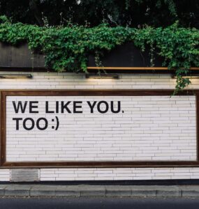 white brick wall against green plants with i like you too written